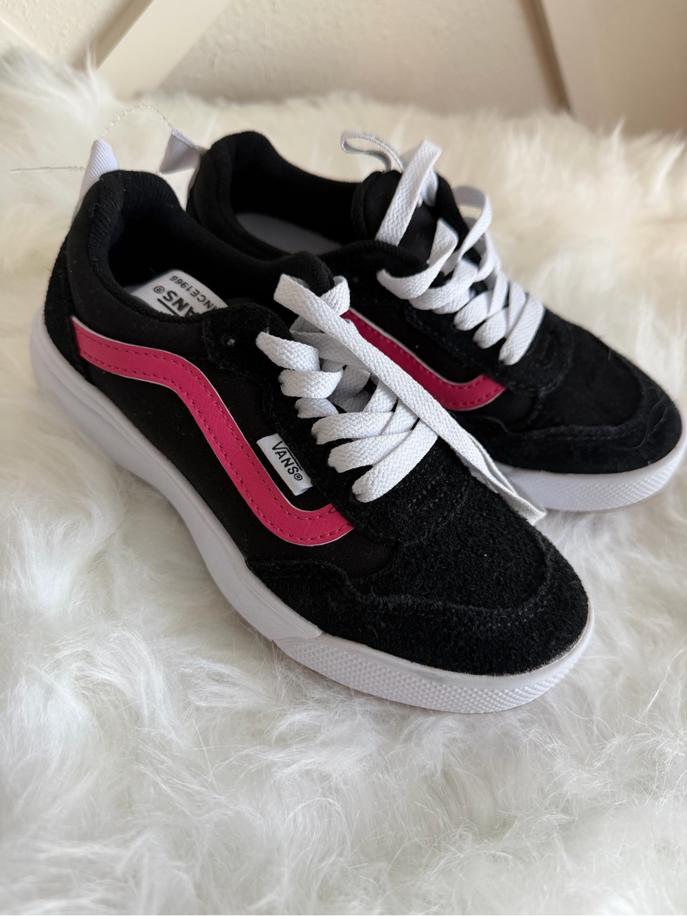 Vans Kids Black Sneakers with Pink Side Stripe